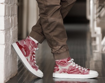 Zapatillas altas de lona con estampado de labios rojos, zapatillas deportivas con estampado de besos, calzado urbano de moda.