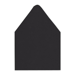 May include: A solid black envelope featuring a pointed triangular flap at the top. The envelope has a rectangular body with straight vertical sides and a flat bottom edge, presenting a clean and uniform matte black surface throughout the entire item.