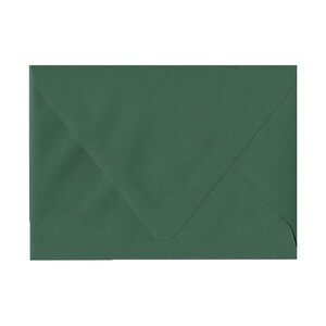 May include: A rectangular envelope in a solid dark forest green color. The envelope features a classic pointed flap design that folds down to the center, creating a clean and uniform appearance across the entire surface of the paper stationery item.