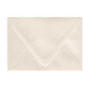 May include: A rectangular envelope in a light cream color with a classic V-shaped flap. The paper has a subtle, fine-textured finish. The envelope is closed, showing the pointed flap centered on the front side of the stationery item.