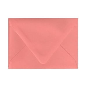 May include: A rectangular envelope in a solid coral pink color. The envelope features a classic pointed triangular flap that folds down to the center, creating a clean and uniform appearance across the entire surface of the paper stationery item.