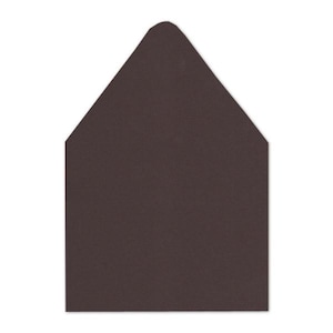 May include: A dark brown envelope with a pointed triangular flap. The envelope has a rectangular base and a sharp, centered peak at the top of the flap, featuring a solid, matte, and uniform dark brown color throughout the entire surface.