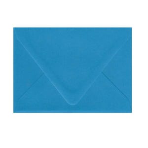 May include: A bright blue envelope with a classic triangular flap design. The paper has a smooth, matte texture and a uniform, vibrant blue color throughout. The envelope is rectangular in shape with clean, sharp edges and a pointed flap closure.