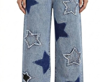 Baggy Jeans Wide Leg | Baggy Pants Y2K Clothing | Star Patch Skater Streetwear Distressed Blue Denim Unisex Vintage Y2K Jeans