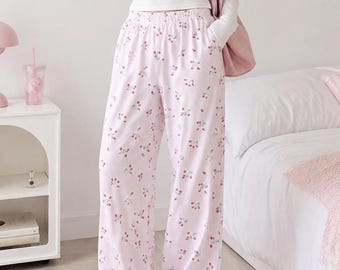 Pantalones de pijama de cerezas / Pantalones anchos de cuadros vichy / Pantalones de pijama de cuadros rosas lindos para estar en casa Kawaii Y2K Pijamas de verano Frutas