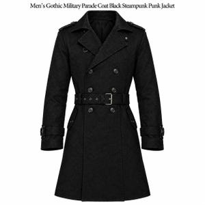 May include: A black double-breasted coat featuring a wide collar, shoulder epaulets, and a waist belt with a metal buckle. The garment includes buttoned cuffs and front button closures. The text reads: Men's Gothic Military Parade Coat Black Steampunk Punk Jacket.