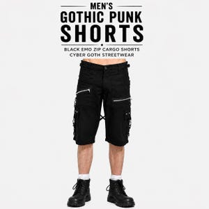 Men's Gothic Punk Shorts Black Emo Zip Cargo Shorts Cyber Goth Streetwear