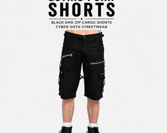 Pantalones cortos góticos punk para hombre, negros, estilo emo, con cremallera, estilo cargo, estilo cyber goth streetwear.