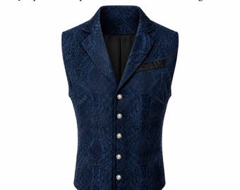Men's Victorian Gothic Vest Navy Blue Jacquard Steampunk Waistcoat Formal Wedding Punk