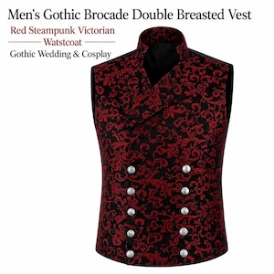 May include: A double-breasted waistcoat featuring a black and red brocade floral pattern. The garment includes a high collar and two vertical rows of silver-toned buttons. Text on the image reads: Men's Gothic Brocade Double Breasted Vest, Red Steampunk Victorian Watstcoat, Gothic Wedding & Cosplay.