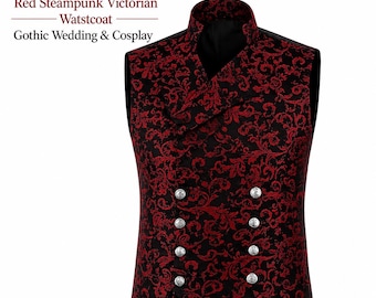 Gilet doppiopetto da uomo in broccato gotico rosso, stile steampunk vittoriano, ideale per matrimoni e cosplay.