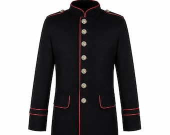 Giacca da parata militare gotica steampunk vittoriana da uomo nera e rossa