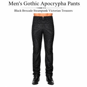 May include: Black trousers featuring a high-waisted design with an intricate embroidered pattern along the waistband and a central front zip closure. The fabric has a subtle tonal brocade texture throughout, paired with black leather-style shoes.