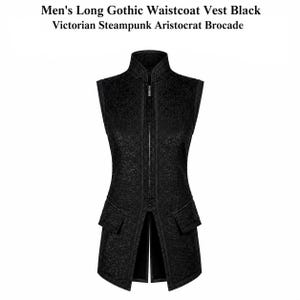 May include: A long black waistcoat featuring a high collar, a full-length front zip, and two flap pockets at the waist. The garment is crafted from a textured brocade fabric with an intricate, tonal floral pattern throughout the entire surface.