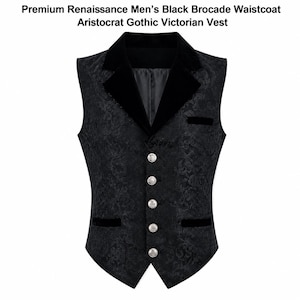 May include: A black brocade waistcoat featuring a tonal floral pattern, a notched velvet lapel, and five silver-toned buttons. The garment includes a single chest pocket and two lower pockets, both accented with black velvet trim details.