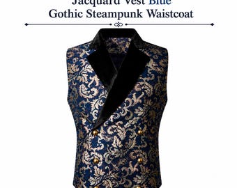 Op de afbeelding: Een blauw dubbelrijig jacquard vest met een zwarte fluwelen revers en gouden knopen. De tekst luidt: Men's Victorian Double Breasted Jacquard Vest Blue Gothic Steampunk Waistcoat. De stof heeft een herhalend, sierlijk bloemmotief.