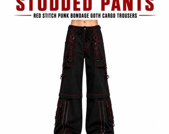 Men's Black Gothic Studded Pants Red Stitch Punk Bondage Goth Cargo Trousers