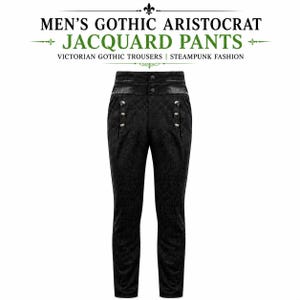 Op de afbeelding: Zwarte broek met een hoge taille, twee knopen in het midden en drie decoratieve zilverkleurige knopen aan elke kant. De stof heeft een subtiel tonaal jacquardpatroon. De tekst luidt: MEN'S GOTHIC ARISTOCRAT JACQUARD PANTS.