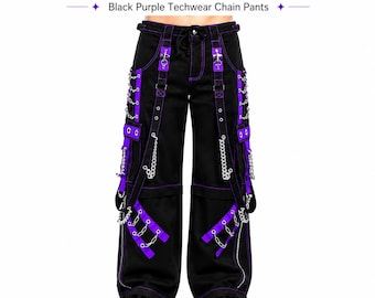 Pantalones de hombre estilo gótico punk bondage, negros y morados, de tejido técnico con cadena.