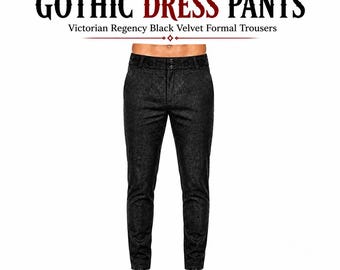 Men's Black Brocade Gothic Dress Pants Victorian Regency Black Velvet Formal Trousers