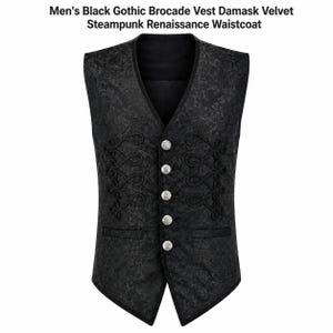 Könnte beinhalten: Eine schwarze Weste mit einem tonalen Damast-Brokatmuster, fünf silberfarbenen Knöpfen und dekorativer schwarzer Kordelstickerei auf den Vorderteilen. Der Text darüber lautet: Men's Black Gothic Brocade Vest Damask Velvet Steampunk Renaissance Waistcoat.