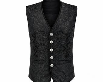 Men's Black Gothic Brocade Vest Damask Velvet Steampunk Renaissance Waistcoat