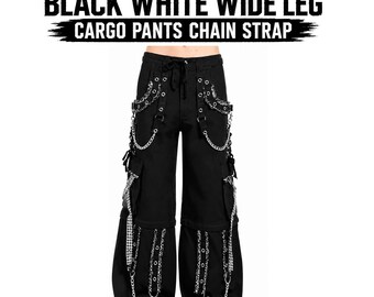 Pantalones cargo anchos negros y blancos para hombre, estilo gótico, con correa de cadena, estilo punk rock, cyber goth, rave y streetwear.