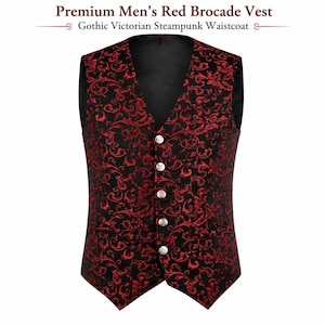 May include: A red and black brocade vest featuring a V-neckline, five silver-toned buttons down the front, and two small welt pockets. The fabric displays a detailed swirling floral pattern in red against a solid black background.