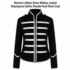 May include: A black military-style jacket featuring silver trim and horizontal silver bands across the front. The garment includes a high collar, long sleeves with silver cuffs, and silver buttons. Text reads: Women's Black Silver Military Jacket.