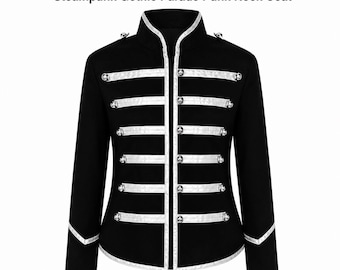 Giacca militare da donna nera e argento, stile steampunk gotico, da parata punk rock.