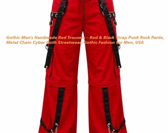 Pantaloni gotici punk rossi fatti a mano con cinturini neri e catene in metallo, abbigliamento streetwear cyber gotico.