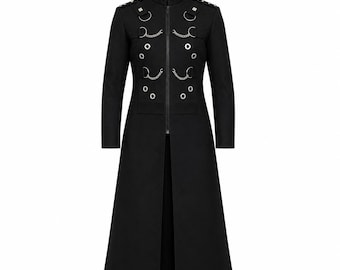 Męski płaszcz typu trench w stylu gotyckim, z łańcuszkiem i oczkami na sznurku, w kolorze czarnym, w stylu wiktoriańskim, steampunkowym