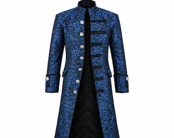 Cappotto gotico da uomo in broccato blu, giacca vittoriana steampunk rinascimentale