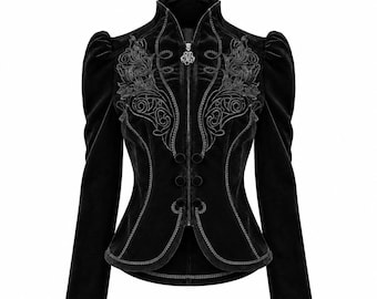Giacca da donna Susurrus in velluto nero stile gotico, cappotto vittoriano steampunk