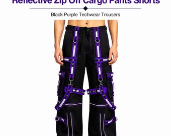 Pantalones cortos cargo reflectantes con cremallera estilo cyber goth para hombre, color negro y morado.