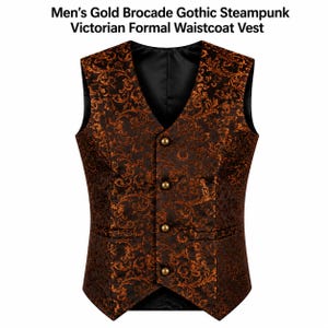 May include: A gold and black brocade waistcoat vest featuring a V-neckline, four round metallic buttons, and two front welt pockets. The fabric displays an intricate swirling floral pattern. Text reads: Men's Gold Brocade Gothic Steampunk Victorian Formal Waistcoat Vest.