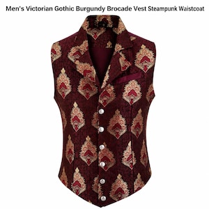 May include: A burgundy waistcoat featuring a repeating gold and red damask pattern, a notched lapel, a single chest pocket, and five silver-toned buttons down the front. The text "Men's Victorian Gothic Burgundy Brocade Vest Steampunk Waistcoat" is visible.