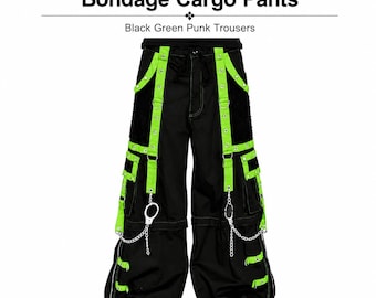 Pantalones cargo de bondage con esposas estilo cyber goth para hombre, color negro y verde, estilo punk.