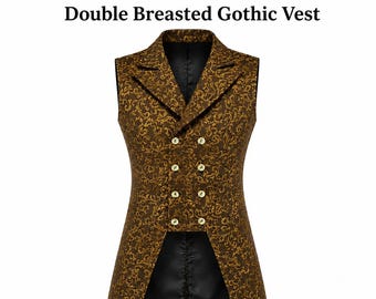 Men's Gold Brocade Double Breasted Gothic Vest Victorian Steampunk Waistcoat Vintage Formal Wedding