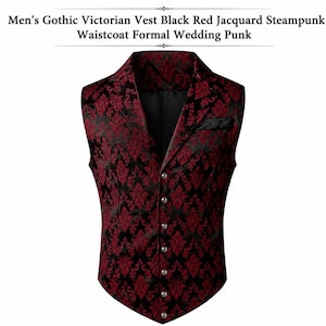 Herren Gothic Viktorianische Weste Schwarz Rot Jacquard Steampunk Weste Formelle Hochzeit Punk