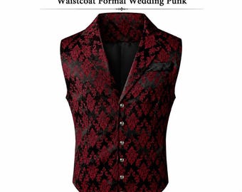 Heren Gothic Victoriaans Vest Zwart Rood Jacquard Steampunk Vest Formele Bruiloft Punk