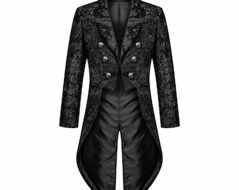 Frac gotico da uomo in damasco nero, stile steampunk vittoriano, giacca da cavaliere