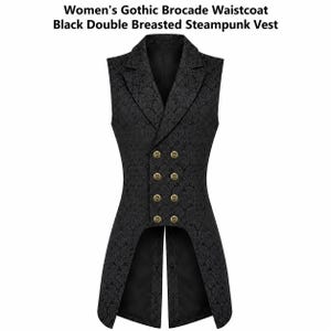 May include: A black brocade waistcoat featuring a double-breasted front with eight gold-toned buttons, a notched lapel, and a long, split-tail hem. The fabric displays a tonal floral pattern throughout the garment, which is sleeveless.