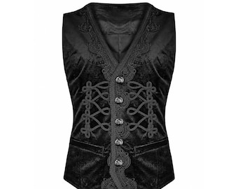 Gilet da uomo in velluto nero ricamato in stile gotico: vittoriano, bottoni argentati