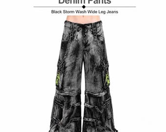 Pantalones vaqueros de mezclilla estilo gótico para hombre, color negro, lavado tormenta, pierna ancha.