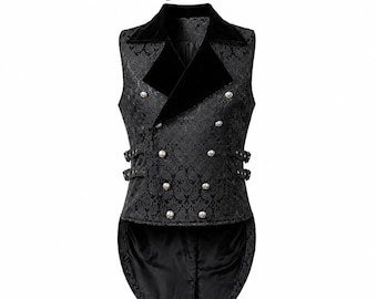 Men's Black Velvet Brocade Gothic Vest Victorian Steampunk Waistcoat Tailcoat