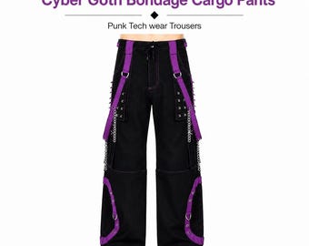 Pantalones cargo negros morados estilo cyber goth bondage para hombre, estilo punk tech wear.