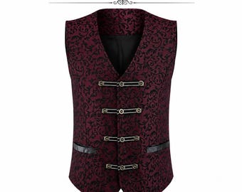 Gilet gotico da uomo in damasco bordeaux, stile vittoriano steampunk, in broccato, gilet formale vintage