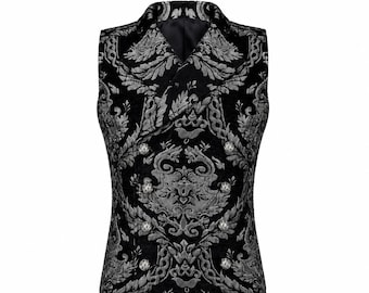 Gilet da uomo in broccato gotico vittoriano, nero e argento, fatto a mano, stile cavaliere.