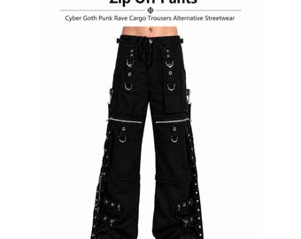 Pantalones cargo negros góticos para hombre con tiras en X y cremallera desmontables, estilo cyber goth punk rave, ropa urbana alternativa.